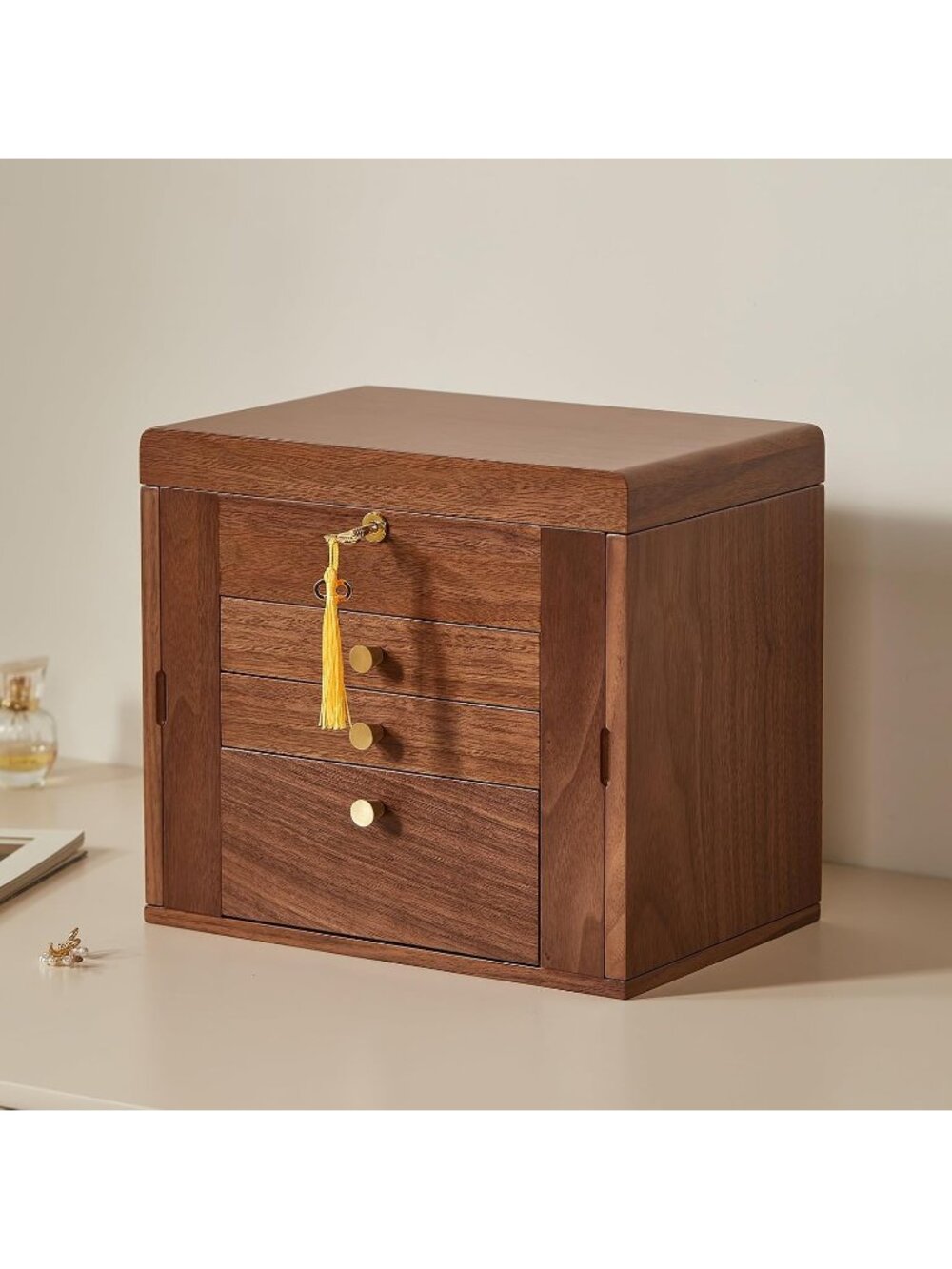Black Walnut 4 Layer C1 Wooden Jewelry Box for Women with 2 Side Door & Mirror - Picture 3 of 7